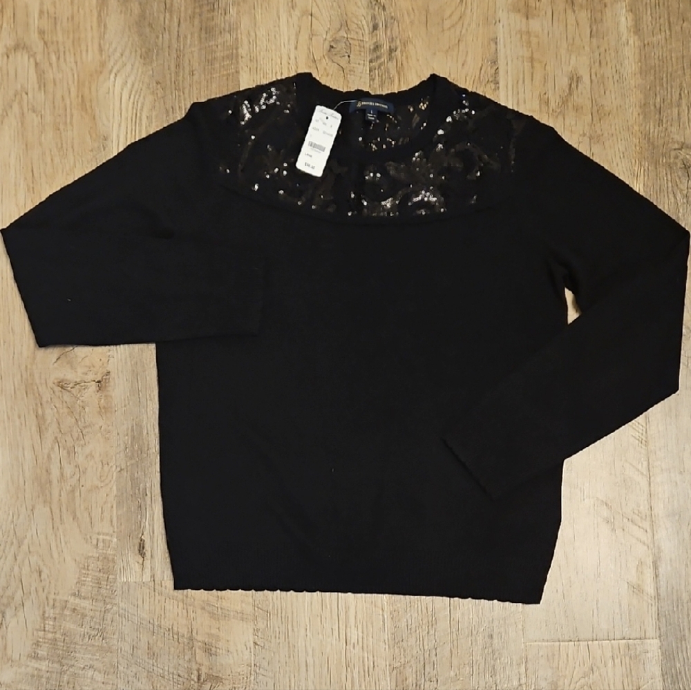 Brooks Brothers Black Sequin Lace Yoke Sweater Long Sleeve Women's Size L